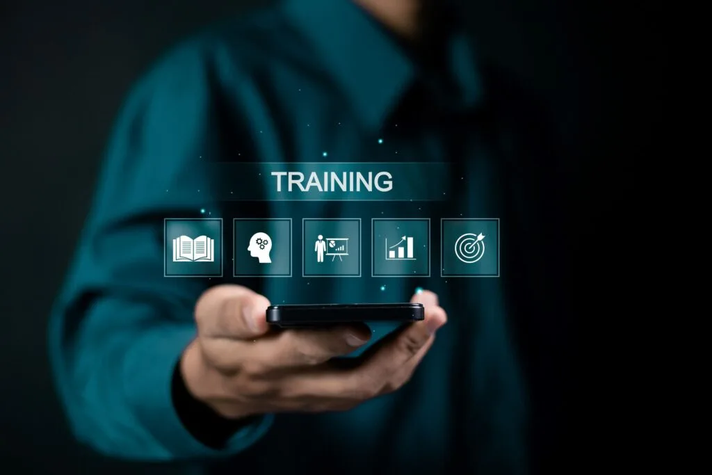 Digital Marketing training concept. Man showing analytics icons.