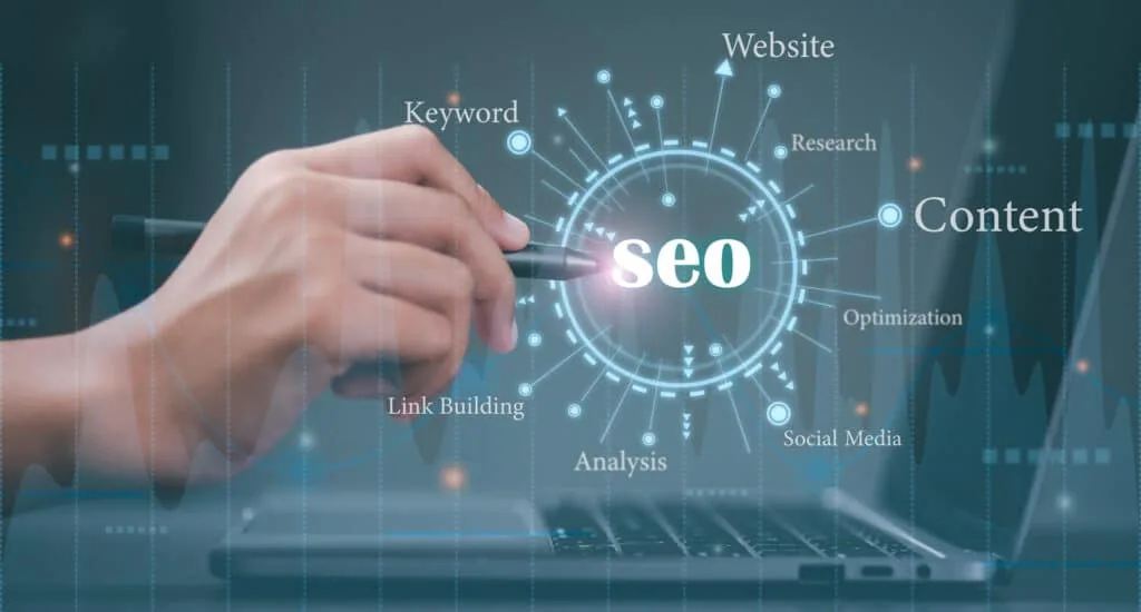 SEO AI concept. Hand pointing on SEO.