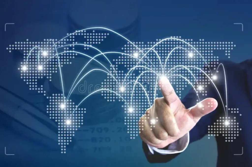 world communication concept. Man pointing on world map.