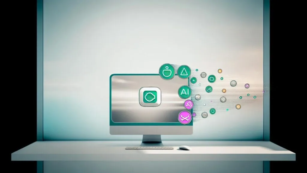 image of a laptop screen with floating app icons