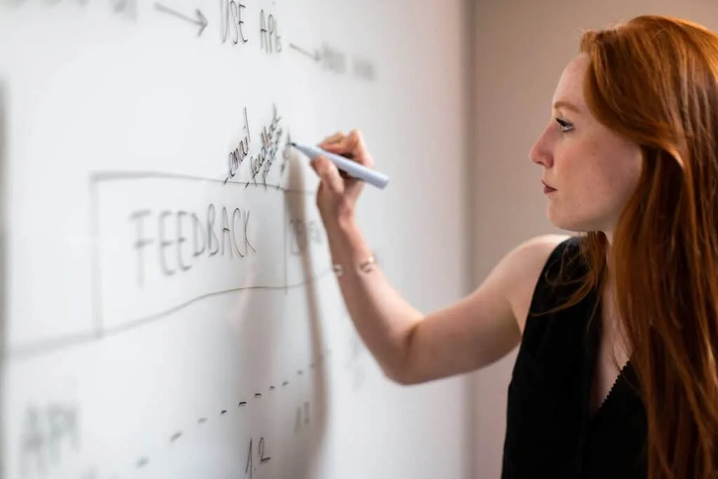 woman in a black dress writing on a whiteboard