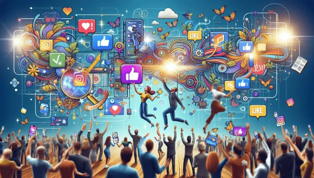 Social media marketing concept showing people looking up to social media icons
