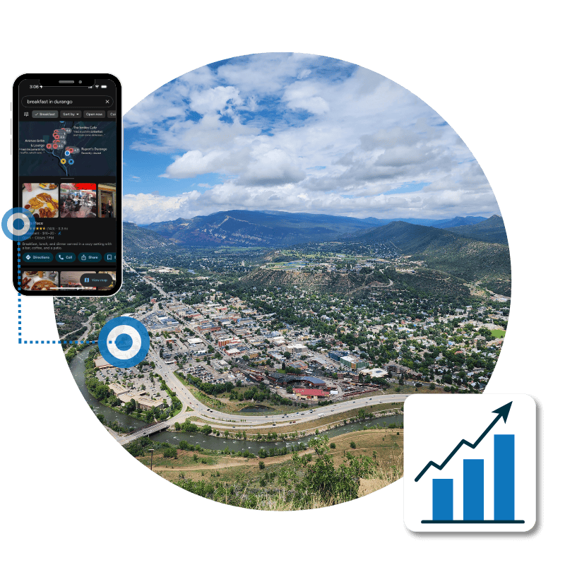 Aerial photo of Durango, Colorado with a phone showing local search results and a chart icon symbolizing local SEO growth.